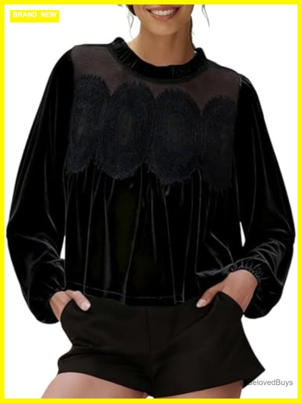 Velvet Lace Patchwork Mesh Top Babydoll Puff Sleeve Blouse